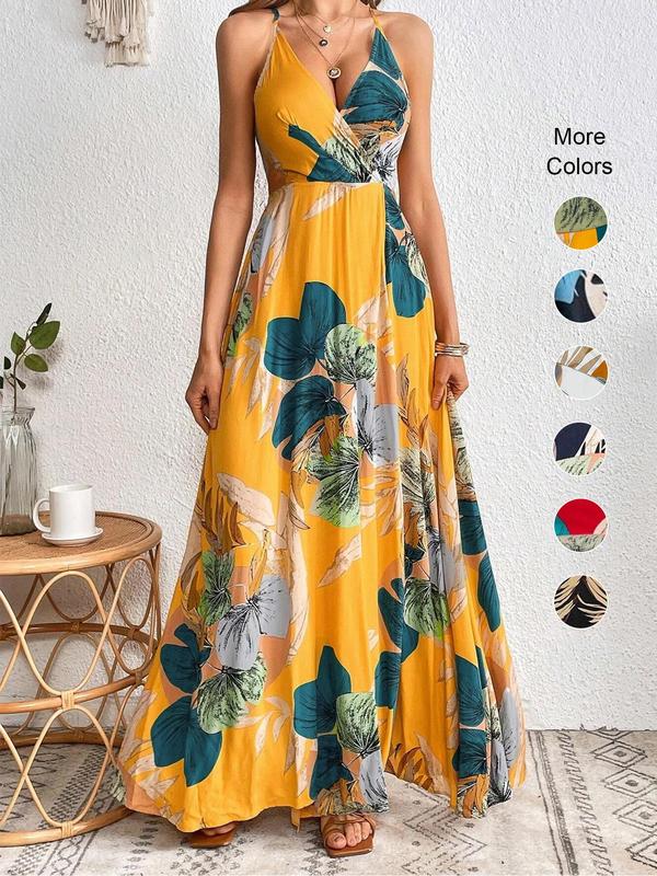 Women's Floral Backless Split Thigh Wrap Vintage Dress, Summer Clothes, Back To School Outfits, Lady Casual Boho Sleeveless Spaghetti Strap Long Sundress, Casual Summer Outfits 2024