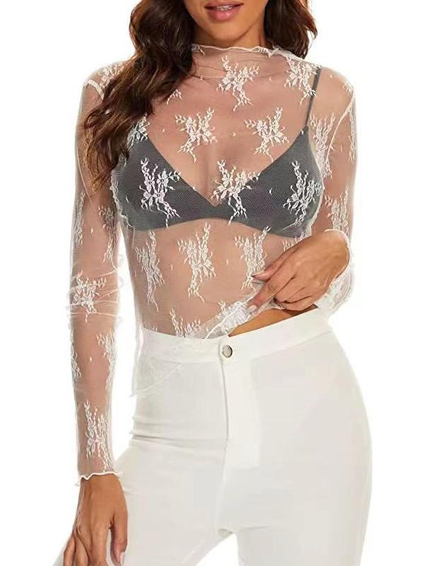 Women's Floral Lace Semi-sheer Top, Elegant Long Sleeve Top for Beach Vacation Holiday, Ladies Clothes for All Seasons