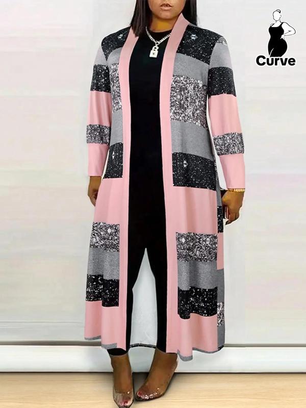  Colorblock Striped Print Open Front Longline Coat, Casual Jackets, Long Sleeve Outerwear for Fall & Winter, Women's Clothes for Daily Wear