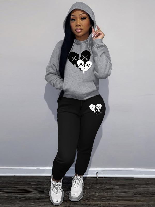 Women's Heart Print Pocket Hoodie  & Drawstring Waist Sweatpants Set, Casual Long Sleeve Hooded Pullover & Jogger Pants, Women's Fall & Winter Clothes