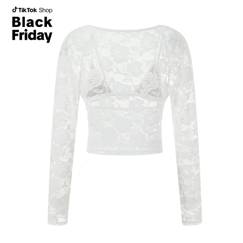 BlackFriday Sale Women Floral Lace Tops Low Cut Sheer Long Sleeve Pullovers Fitted Crop Shirt with Bra Summer Streetwear Clubwear,Downtown Girl Clothes，Fall Outfits Fallfreshness