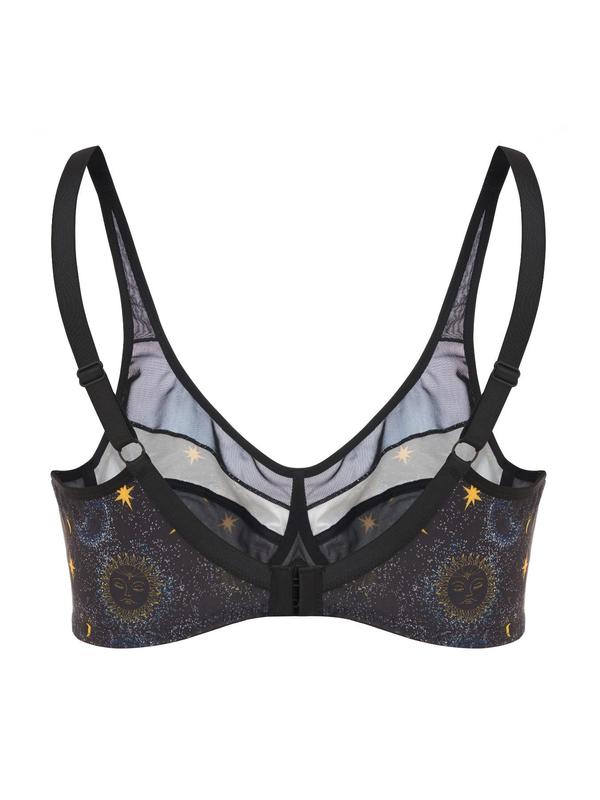 Plus Size Galaxy Letter Print Push Up Bra, Casual Contrast Mesh Sheer Underwire Lingerie Top, Women's Underwear for Daily Wear