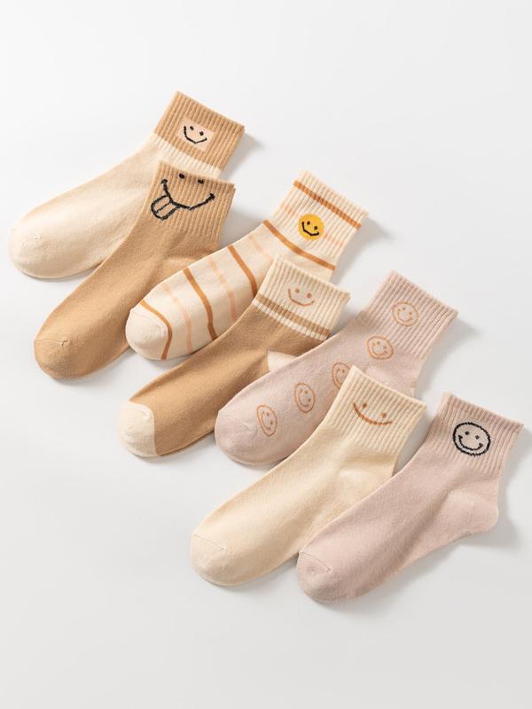 Women's Cartoon Smile Face Print Crew Socks, Cute Comfy Breathable Socks for All Seasons, Mid-calf Socks for Daily Wear