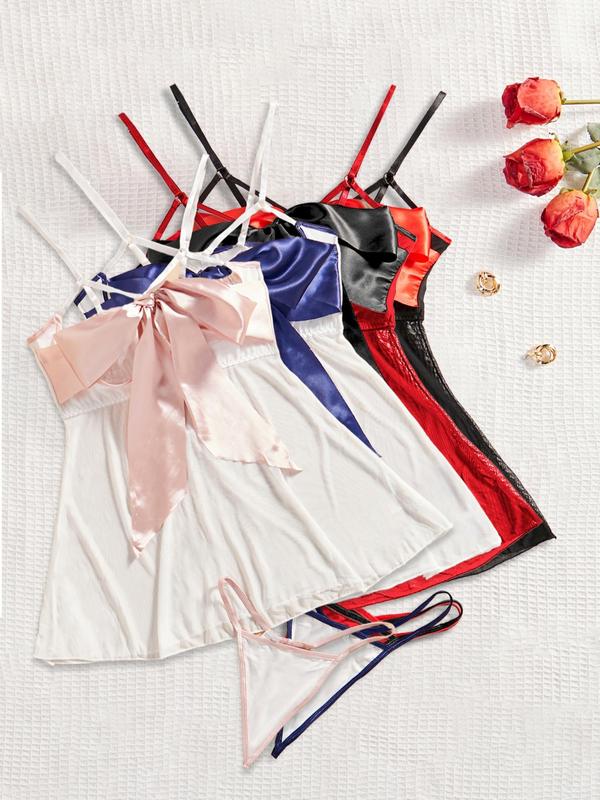 Two-Piece Set Women's Contrast Binding Bow Decor Cami Nightdress & Thong Sexy Lingerie Set, Sexy Comfy Breathable Lingerie Set for Daily Wear, Women Sexy Lingerie & Underwear