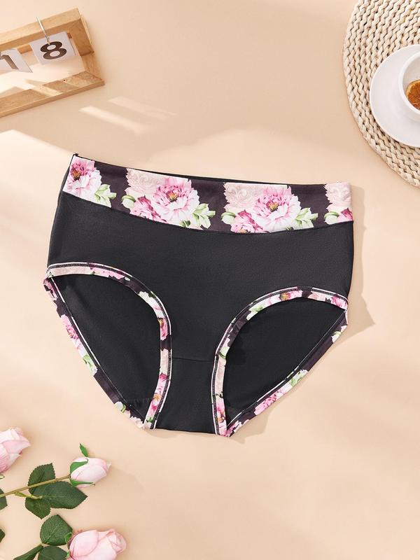 Plus Size Contrast Floral Print Knicker, Casual High Rise Panties Set, Underwear for Women, Panties for Women, Plus Size Women's Underwear