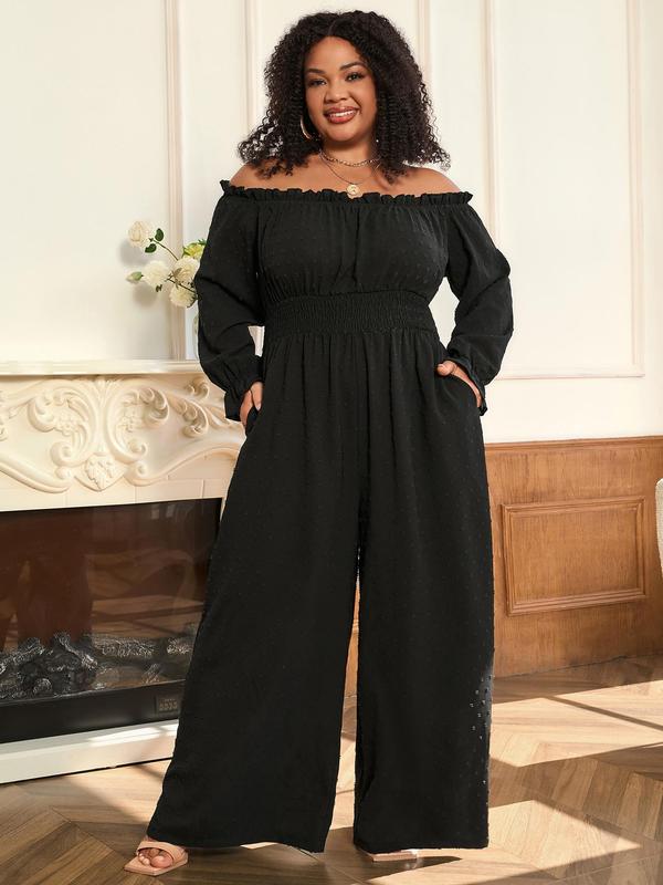 Black Friday Deals CURVZY Plus Size Swiss Dot Off Shoulder Shirred Waist Pocket Jumpsuit, Boho Flounce Sleeve Wide Leg Jumpsuit for Vacation Holiday Party, Women's Clothes for Christmas 2024 Trend,Thanksgiving Clothing,Fall Clothing,Winter Clothing