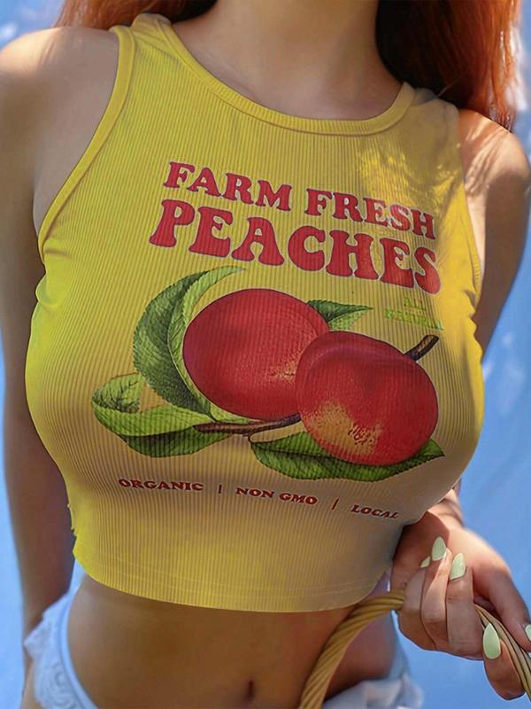 Women's Peach Print Round Neck Crop Tank Top, Casual 2000s Y2K Letter Print Sleeveless Cropped Top for Summer, Fashion Casual Women's Clothing for Daily Wear