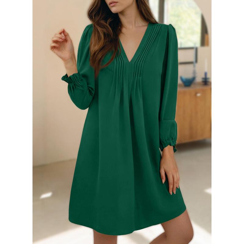 Dokotoo Womens Casual Dress A-Line Ruffle Sleeve V Neck Midi Dress 2024 Fashion Pleated Flowy Sundress Loose Shirt Dresses