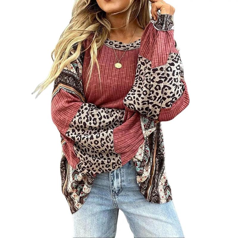 Womens Long Sleeve Oversized Retro Leopard Contrast Patchwork Top