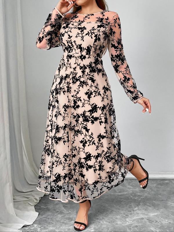  Floral Pattern Contrast Mesh Sheer Zipper Back A Line Dress, Elegant Long Sleeve Round Neck Dress for Party Holiday Wedding Guest, Women's Clothes for Fall & Winter