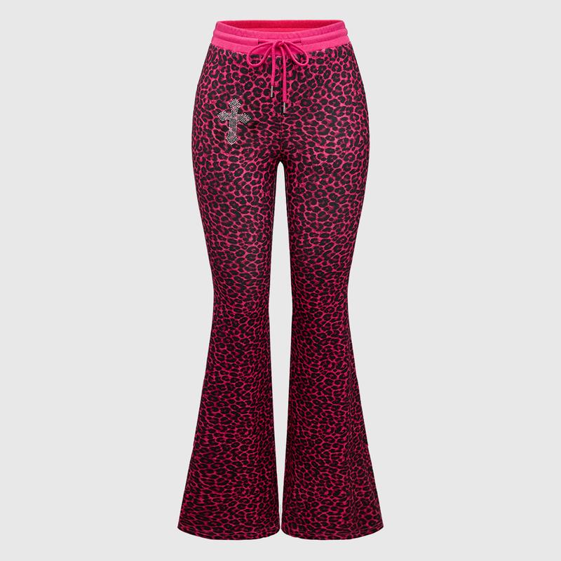 ROMWE Grunge Punk Y2K Street Fashion Casual Cross Rhinestone & Leopard Print Lace-Up Flare Pants