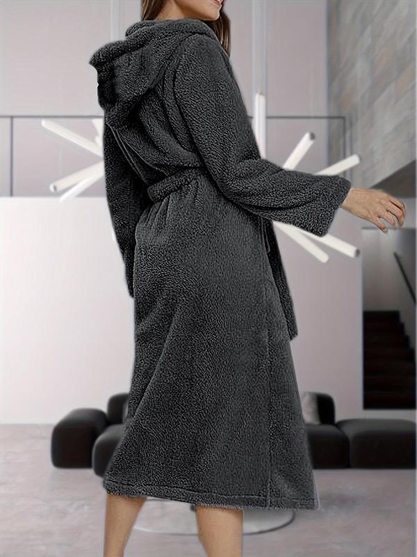  Solid Belted Wrap Coral Fleece Lounge Robe, Casual Long Sleeve Pocket Lounge Robe, Women's Sleepwear for Fall & Winter