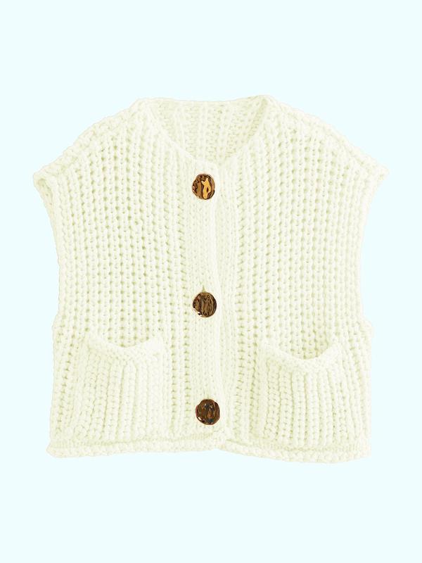 Women's Plain Button Front Pocket Sleeveless Cardigan, Casual Round Neck Sweater Vest for Spring & Fall, Fashion Women's Knit Clothing for Daily Wear Vintage Clothes, Preppy 80s Clothes