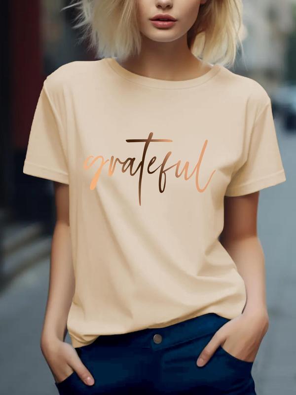 Women's Letter Print Shortsleeve T-shirt, Summer Clothes Women, Graphic Tees, Casual Comfort Graphic Round Neck Tee for Summer, Lady Top for Daily Womenswear