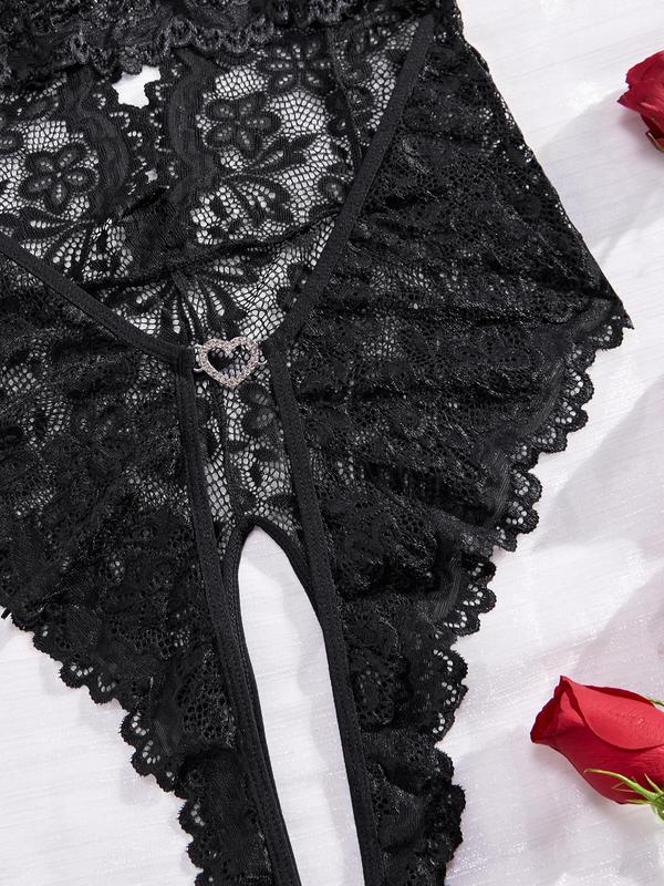 Women's Floral Lace Scallop Trim Cut Out Sheer Crotchless Sexy Lingerie Wear, Lingerie for Women, Bow Front Rhinestone Heart Decor Sleeveless Bodysuit, Ladies Summer Clothes, Women Sexy Lingerie, Summer Comfort,  Bodysuits for Women Basic