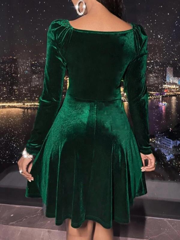 Women's Velvet Raglan Sleeve Wrap V Neck A Line Dress, Elegant Long Sleeve Short Dress for Party Holiday Wedding Guest, Ladies Spring & Fall Clothes