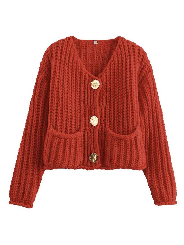 Women's Plain Button Front Pocket Sweater Cardigan, Casual Long Sleeve V Neck Knitwear for Fall & Winter, Fashion Ladies' Knit Clothing for Daily Wear