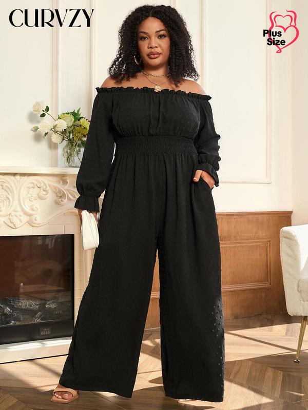 Black Friday Deals CURVZY Plus Size Swiss Dot Off Shoulder Shirred Waist Pocket Jumpsuit, Boho Flounce Sleeve Wide Leg Jumpsuit for Vacation Holiday Party, Women's Clothes for Christmas 2024 Trend,Thanksgiving Clothing,Fall Clothing,Winter Clothing