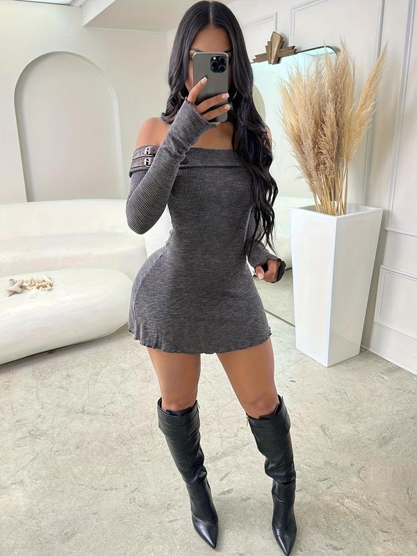 Buckle Decor Off Shoulder Bodycon Dresses for Women, Fashion Lettuce Trim Long Sleeve Dress, Birthday Dresses 2024, Ladies Clothes for All Seasons