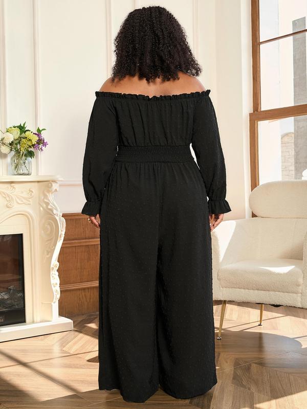 Black Friday Deals CURVZY Plus Size Swiss Dot Off Shoulder Shirred Waist Pocket Jumpsuit, Boho Flounce Sleeve Wide Leg Jumpsuit for Vacation Holiday Party, Women's Clothes for Christmas 2024 Trend,Thanksgiving Clothing,Fall Clothing,Winter Clothing