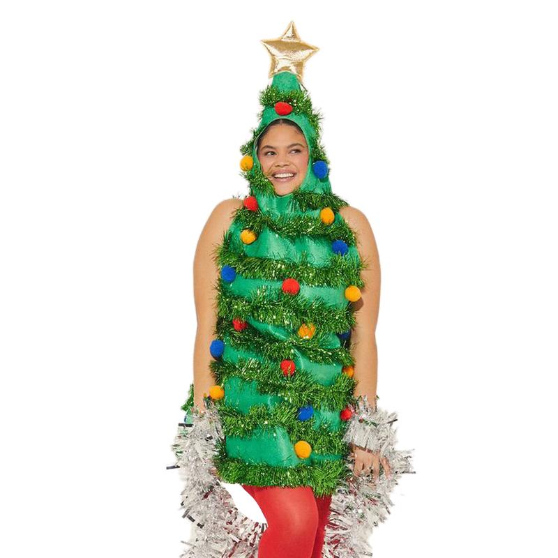 Christmas Tree Costume Sleeveless Hood Tops Red Plush Ball Tinsel Adult Cosplay Party Prop