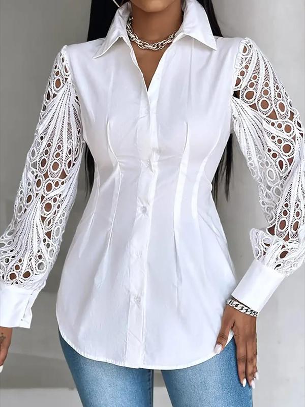  Contrast Lace Bishop Sleeve Blouse, Elegant Button Front Plicated Top, Going Out Tops, Women's Summer Clothes for Daily Wear