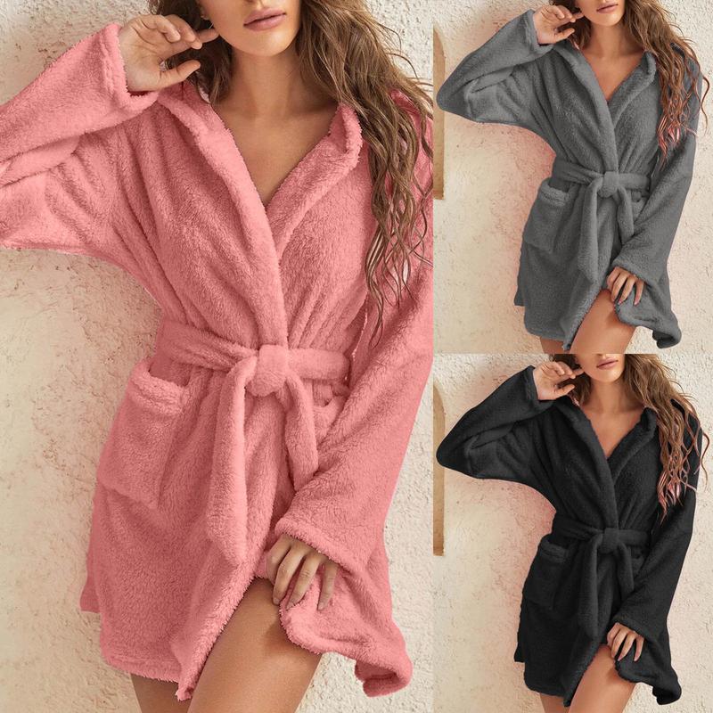 2024 Hot Sale Fall Winter Hooded Home Casual Plush Pajamas Pure Color Warm Keeping Bathrobe Women Womenswear Gowns Womenswear Gowns