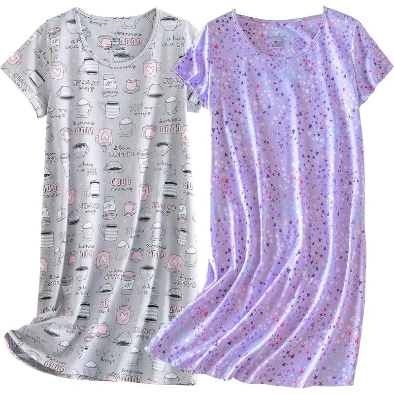 2 Pack Nightgowns for Women, Cotton Short Sleeve Sleep Shirts Comfy Soft Nightshirt Women Pajama Sleepwear