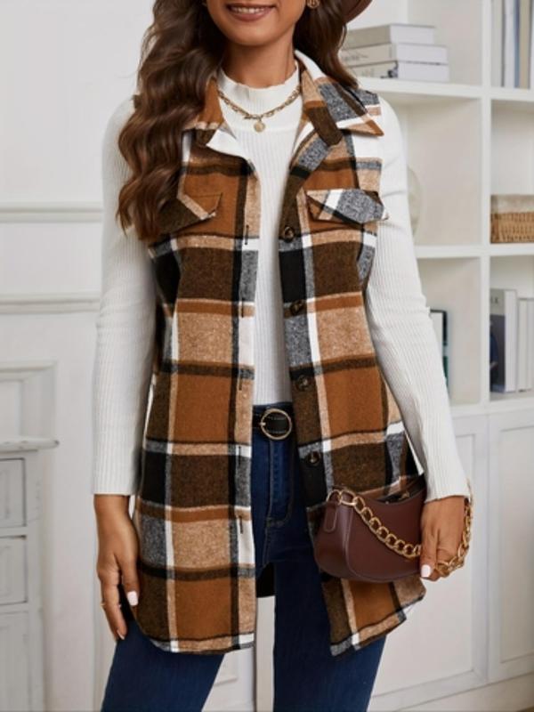 Women's Plaid Print Button Front Vest Coat, Casual Sleeveless Collared Outerwear for Fall & Winter, Ladies Clothes for Daily Wear