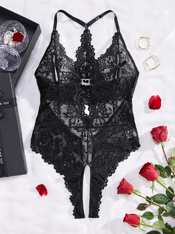 Women's Floral Lace Scallop Trim Cut Out Sheer Crotchless Sexy Lingerie Wear, Lingerie for Women, Bow Front Rhinestone Heart Decor Sleeveless Bodysuit, Ladies Summer Clothes, Women Sexy Lingerie, Summer Comfort,  Bodysuits for Women Basic