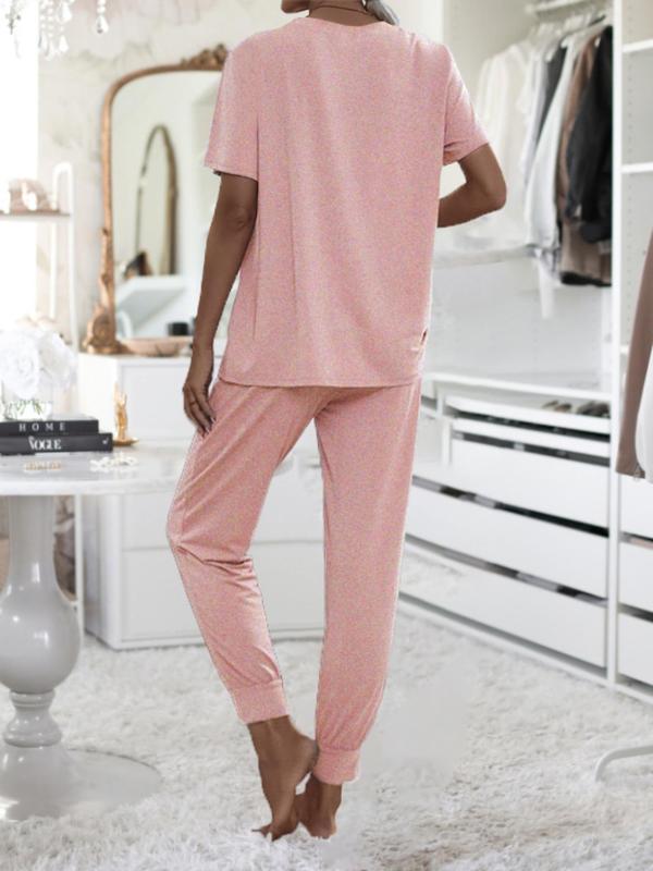 Women's Plain Round Neck Tee & Drawstring Waist Pants Pajama Set, Basic Crew Neck Short Sleeve T-shirt & Trousers Comfort Pajamas Set for Homewear, Two Piece Set, Pajama Sets Women, Casual Comfy Pyjama Set, Lady Sleepwear for Summer Black Girl Wear