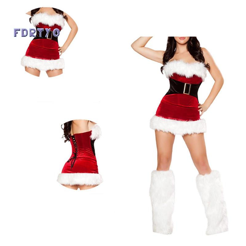 Women Christmas Costume Santa Cosplay Dress Plush Trim Patchwork Dress Party Costume with Hat and Leg Warmers party banquet