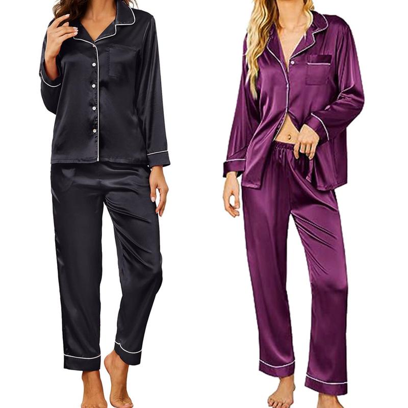 Women Silk Pajamas Set, Long Sleeve Satin Pajamas for Women Sleepwear Button Down Pjs Set Two-piece