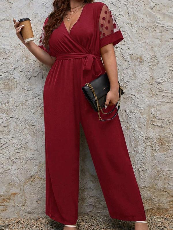 Plus Size Contrast Polka Dot Mesh Belted Wrap V Neck Wide Leg Jumpsuit, Casual Short Sleeve Jumpsuit for Summer, Women's Plus Clothing for Daily Wear