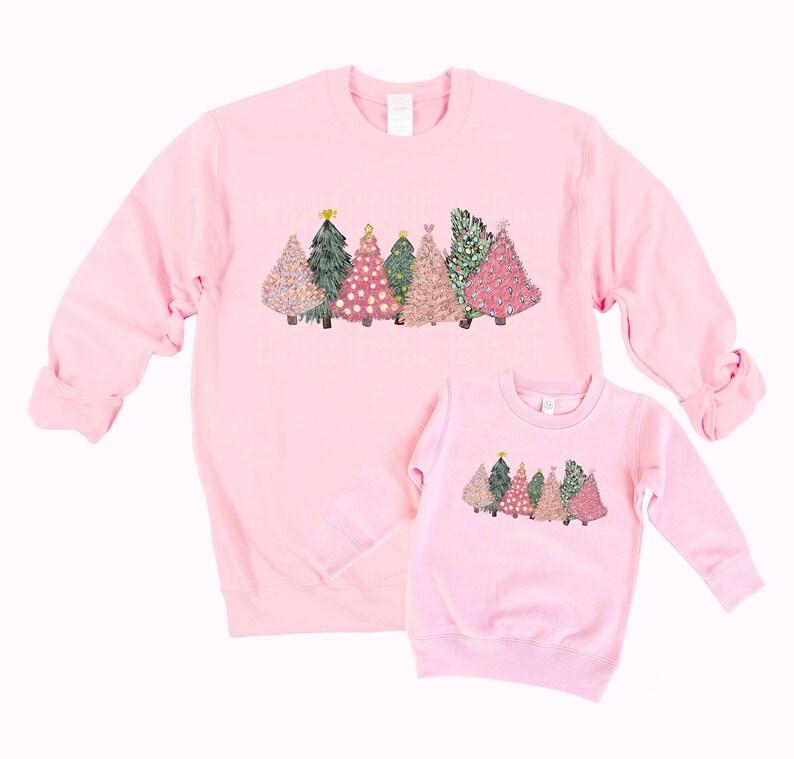 Matching Mama and Mini Christmas Trees Sweatshirt in Pink - Christmas Holiday Shirts for Mommy and Kids - Clothing, Womenswear