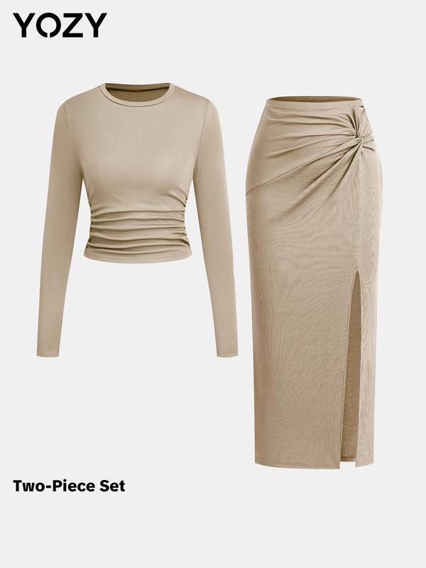 YOZY Black Friday Deals 2-Piece Sets Solid Ruched Crop Top & Twist Split Skirt   Long Sleeve Round Neck Top, 2024 Women's Daily Wear for Fall & Winter, Christmas 2024 Trend, Thanksgiving Outfits, Fall Outfits, Winter Outfits