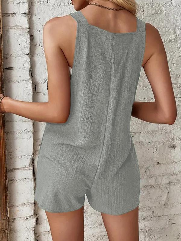 Women's Button Pocket Tank Romper without Tube Top, Casual Scoop Neck Sleeveless Romper, Summer Outfits, Fashion Women's Clothes for Daily Wear