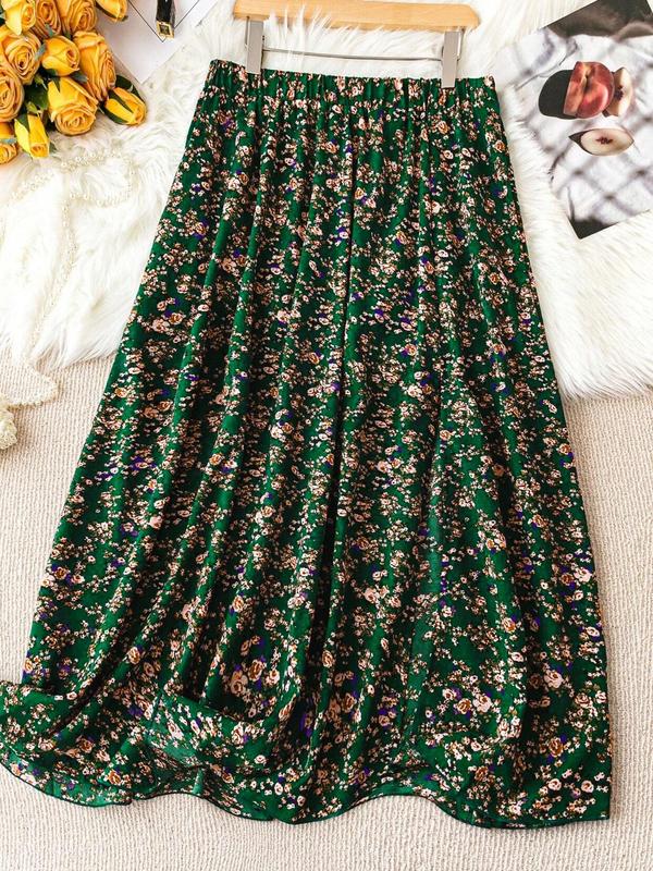  Ditsy Floral Print Elastic Waist Flared Vintage Skirt, Bohemian High Waist Long A-line Skirt for Daily Holiday Vacation Wear, Summer Outfits 2024,  Plus Size Fall Clothing