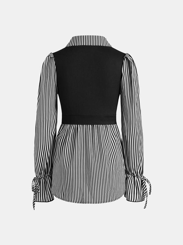 Black Friday Deals YOZY Women's Colorblock Striped Print 2 in 1 Button Front Ribbed Blouse, Casual Flounce Sleeve Collared Top for Spring & Fall, Women's Clothes for Daily Wear,Christmas 2024 Trend,Thanksgiving Clothing,Fall Clothing,Winter Clothing