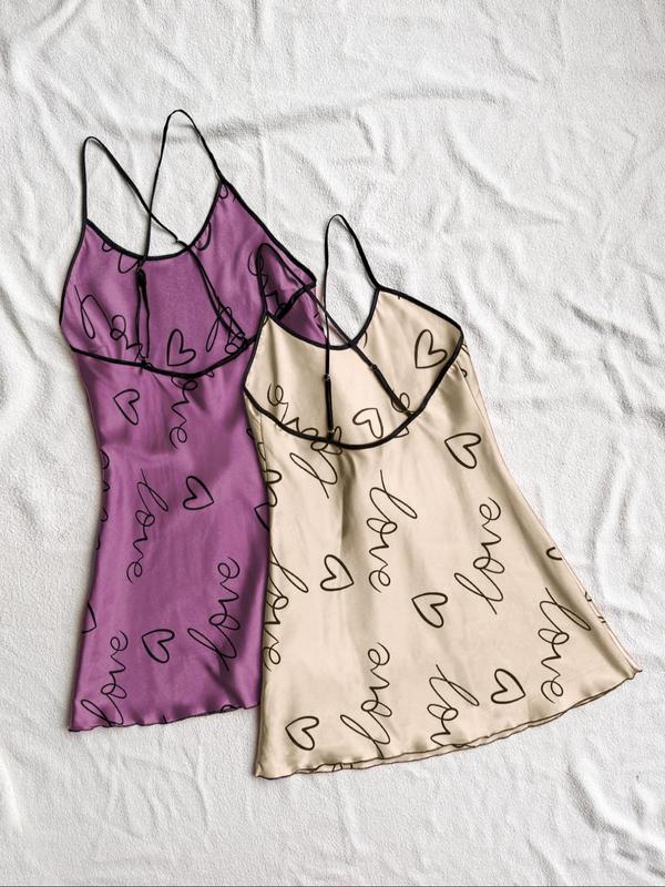 Women's Heart & Letter Print Criss Cross Backless Cami Nightdress, Summer Clothes Women, Casual Adjustable Spaghetti Strap Nightgown, Night Gown for Women, Women's Sleepwear & Loungewear