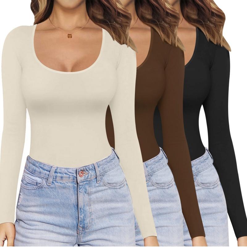 Ekouaer Womens 3 Pack Long Sleeve Shirts Scoop Neck Tops Stretch Fitted Undershirt Lightweight Basic Thermal Tee XS-XXL