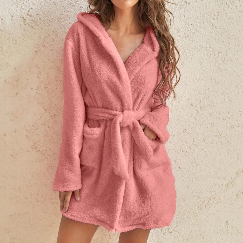 2024 Hot Sale Fall Winter Hooded Home Casual Plush Pajamas Pure Color Warm Keeping Bathrobe Women Womenswear Gowns Womenswear Gowns