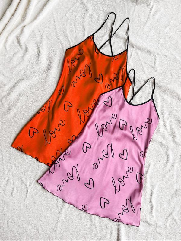 Women's Heart & Letter Print Criss Cross Backless Cami Nightdress, Summer Clothes Women, Casual Adjustable Spaghetti Strap Nightgown, Night Gown for Women, Women's Sleepwear & Loungewear