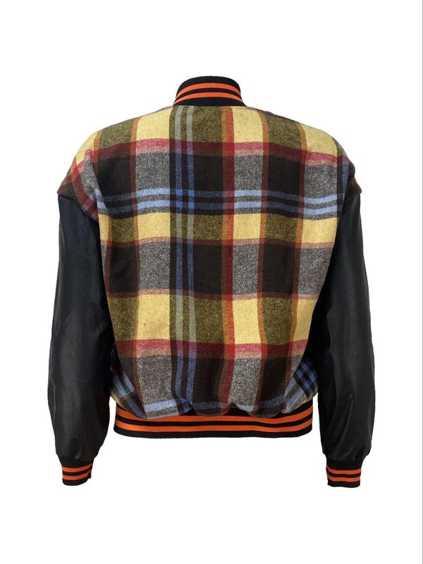 Plus Size Plaid Print Button Front Drop Shoulder Patched Varsity Jacket, Fashion Casual Mock Neck Coat for Daily Outdoor Wear, Winter Clothes Women, Women Plus Clothing for Spring & Fall