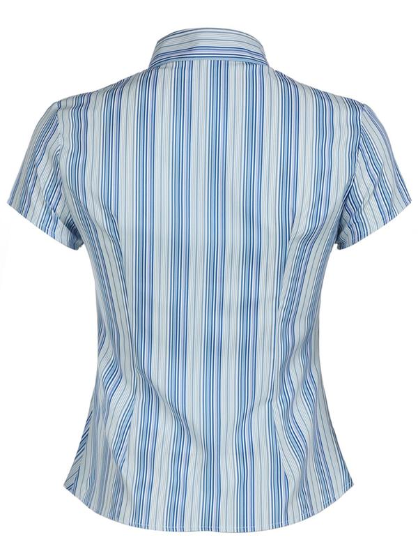 Women's Striped Print Ruched Button Front Blouse, Casual Cap Sleeve Collared Top for Fall & Winter, Women's Clothes for Daily Wear