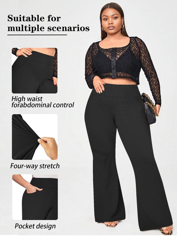  Solid High Waist Flare Leg Pants, Casual Comfy Pocket Design Bell Bottom Pants for Daily Wear, Women's Bottoms for All Seasons