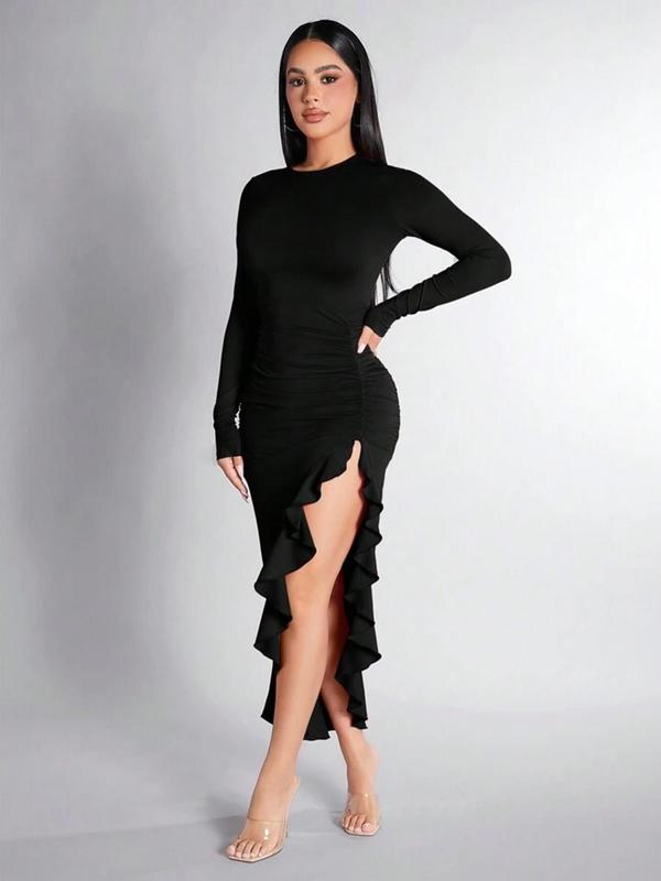 Women's Plain Ruched Ruffle Trim Split Thigh Bodycon Dress, Elegant Asymmetrical Hem Long Sleeve Round Neck Dress for Party Holiday Wedding Guest, Ladies Spring & Fall Clothes, Birthday Outfit Black Girl