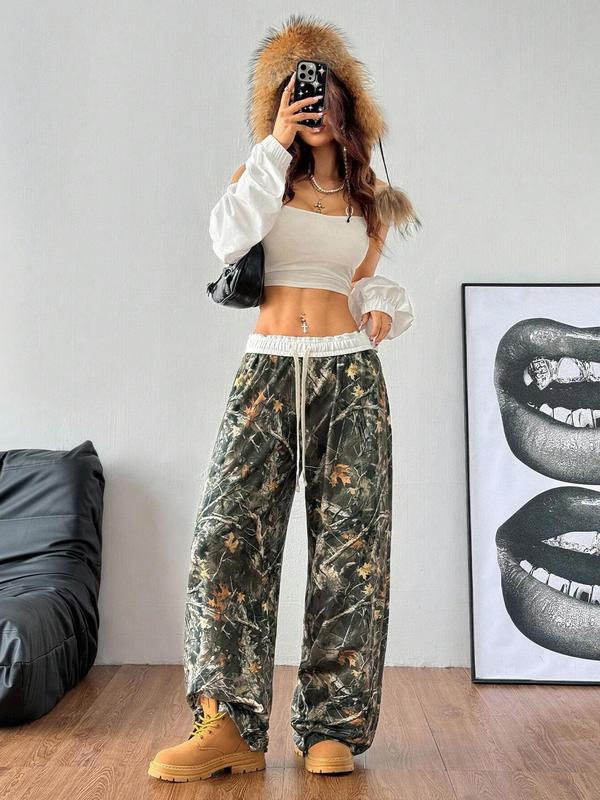 Women's Leopard & Camo Print Drawstring Waist Sweatpants, Casual Pocket Wide Leg Trousers for Daily Wear, Ladies Bottoms for All Seasons