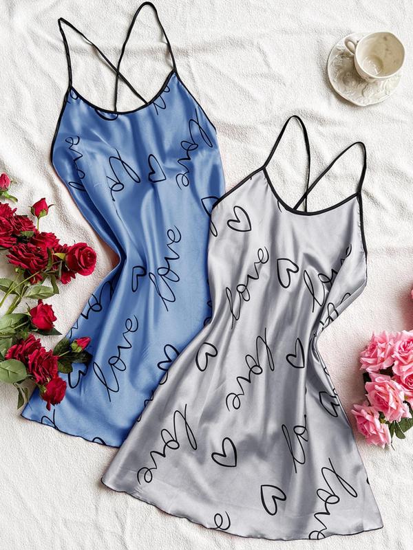 Women's Heart & Letter Print Criss Cross Backless Cami Nightdress, Summer Clothes Women, Casual Adjustable Spaghetti Strap Nightgown, Night Gown for Women, Women's Sleepwear & Loungewear