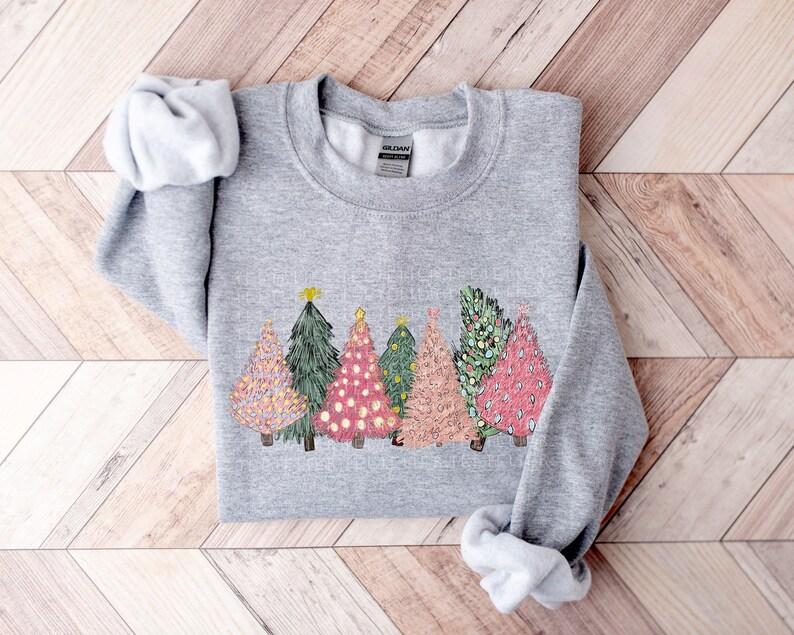 Matching Mama and Mini Christmas Trees Sweatshirt in Pink - Christmas Holiday Shirts for Mommy and Kids - Clothing, Womenswear